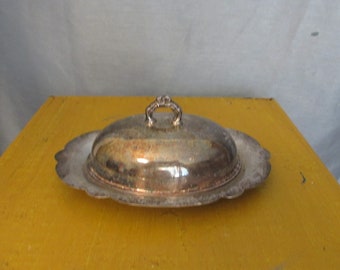 Vintage Silver Plate Over Copper Butter/Jelly Dish, Fat Oval Shape, Cover and Base, Shabby Wonderful!