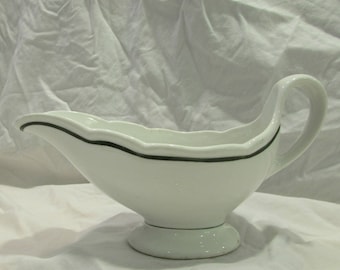 Gravy Boat,Restaurant/ Diner Ware, Victory China, Rare Hard To Find Piece, White With Green Rim Stripe, 1960's or 1970's