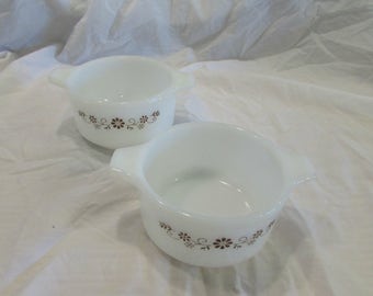 Small Casserole/Soup Bowls, Set of Two, Dynaware, White Glass, Brown Flower Design, 1970's, Mexico