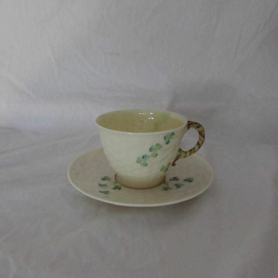 Vintage Belleek Fine Bone China Teacup and Saucer, Basketweave With