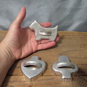 Vintage Aluminum Cookie Cutters, Set of Three, Mid Century, Scotty Dog, Clover, Spade, Collectable