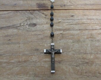 Vintage Rosary, Black Wood Beads, SilverTone Chain Links, Silver Tone Accents, 1970's