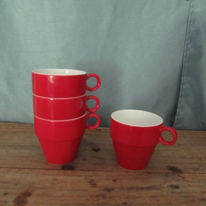 Stacking Mugs, Set of Four, Red and White, Porcelain Ceramic China, Japan