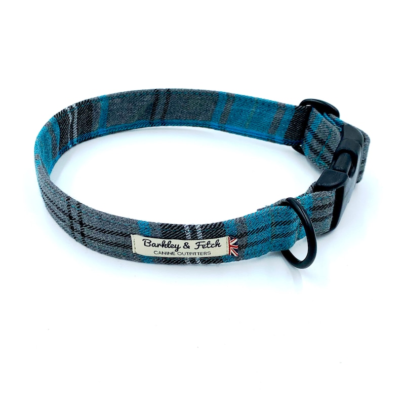 Turquoise and Grey Tartan Dog Collar image 1