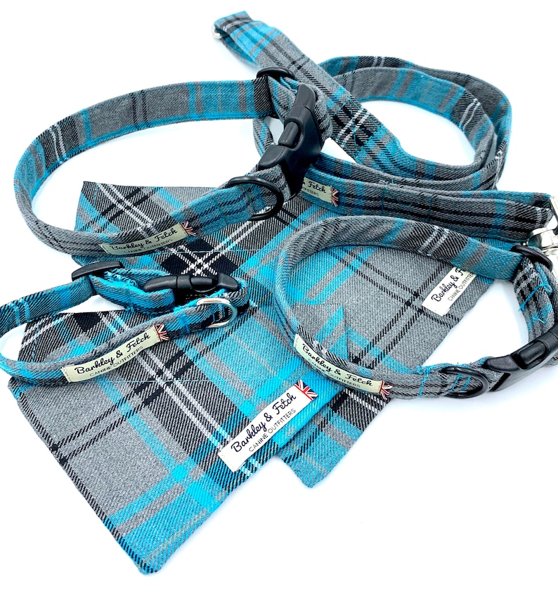 Turquoise and Grey Tartan Dog Collar image 3