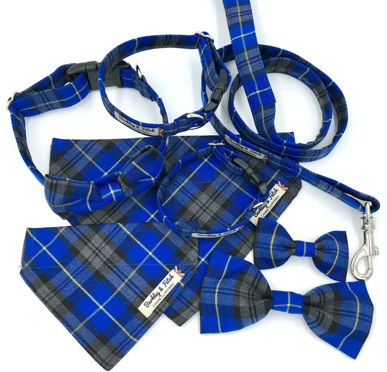 Peut inclure: Un ensemble collier, laisse, bandana et n&oelig;ud papillon pour chien en tissu &eacute;cossais bleu et gris. L'ensemble est orn&eacute; d'une bordure jaune et blanche et du texte "Barkley & Fitch" sur le bandana et le collier.