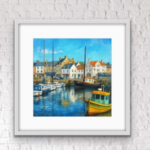 Anstruther Harbour Print – Colourful Scottish Fishing Village Art, East Neuk Coastal Wall Art, Square Giclée Print of Boats & Harbour Scene