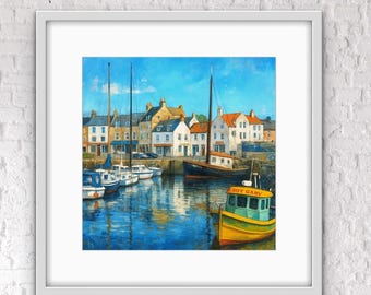 Anstruther Harbour Print – Colourful Scottish Fishing Village Art, East Neuk Coastal Wall Art, Square Giclée Print of Boats & Harbour Scene