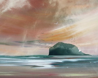 Bass in the Mist, Bass Rock Print, Bass Rock Painting, North Berwick Painting, Seascape