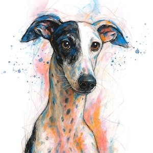 Expressive Greyhound Art Print – Whimsical Sighthound Portrait in Watercolour Splash Style | Dog Lover Gift