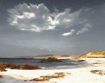 Isle of Iona-tryck, grå himmel i Iona, konst med yttre Hebriderna, skotsk havslandskap, målning av norra änden av Iona, skotsk gåva
