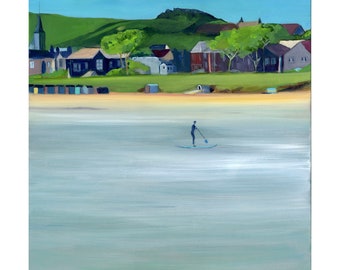 Elie Painting, East Neuk Print,  Fife Art, Paddle Boarder Elie, Fife Beach Art