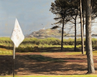 Fidra from Archerfield Golf Course, Fidra Print,  Yellowcraig Painting, Golf Print, East Lothian Picture