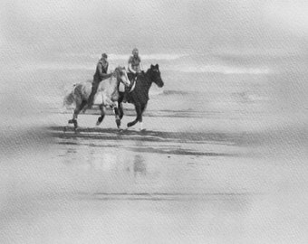 Horse Print, Running Horses Print, Black White Horse Watercolour,  Horses by the Sea