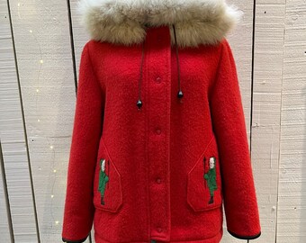 Vintage James Bay Red Wool Northern Parka with White Fur Trimmed Hood, Made in Canada, Chest 40”