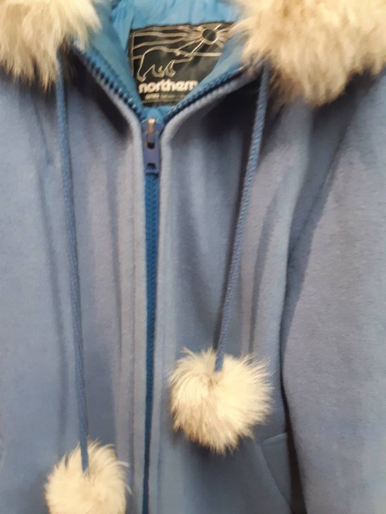 Made in Canada. Vintage Northern Sun point blanket wool parka with genuine silver tipped white fox fur trim and embroidered duck motifs