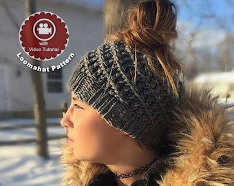 Loom Knit Hat Pattern Messy Bun  - Spiral Slouchy with Video Tutorial EASY for Beginner by Loomahat