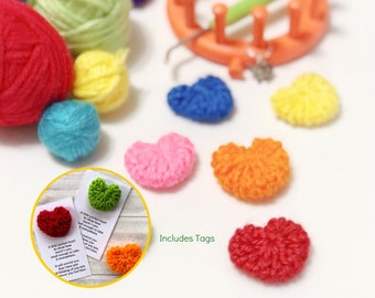 Loom Knitting Pattern Pocket Heart Hugs Project with Tags |  2 Versions Printable Labels  | Pattern with  Video Tutorial by Loomahat