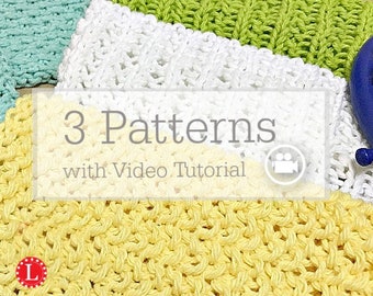 3 Loom Knitting Patterns Dishcloth / Wash cloth  / Bath cloth / Wash Towel / Stitch with Beginner Easy Video Tutorial by Loomahat