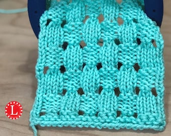 Loom Knitting PATTERNS : Acorn Stitch Eyelet Lace Stitch Pattern Flat and in the Round with Video Tutorial  | LoomaHat