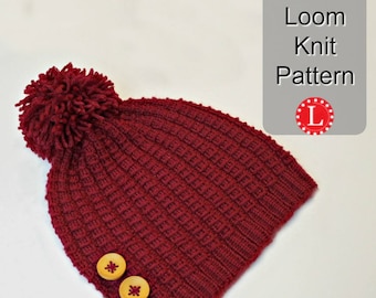 Loom Knitting Pattern Hat Beanie for Men or Women. Bamboo Stitch Hat with Video Tutorial .  Large or Extra Large Round Looms by LoomaHat