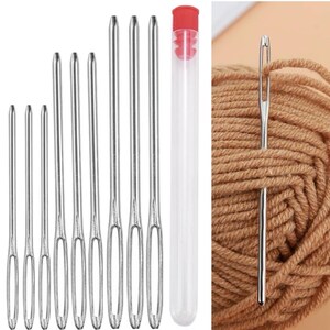 May include: Set of 10 silver metal yarn needles in a clear plastic tube with a red lid. The needles are different sizes and are used for threading yarn through fabric.
