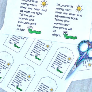 Worry Worm Poem Project Cards and Tags Only - No Pattern |  2 Sizes Printable Labels  | Oblong Tags 3x 2 inches and Post Cards 4x5 inches