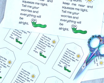 Worry Worm Poem Project Cards and Tags Only - No Pattern |  2 Sizes Printable Labels  | Oblong Tags 3x 2 inches and Post Cards 4x5 inches