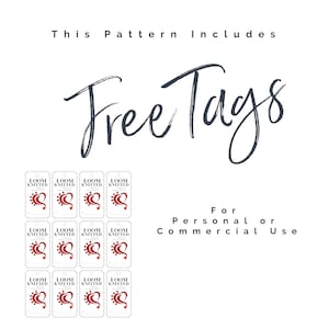 May include: Twelve white gift tags with red hearts and the text "LOOM KNITTED" printed on them. The text "Free Tags" is written in black cursive above the tags. The text "For Personal or Commercial Use" is written in black below the tags.