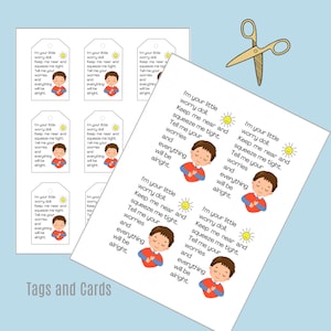 Worry Doll Boys Poem Project Cartões e etiquetas apenas - sem padrão | Etiquetas imprimíveis em 2 tamanhos | Etiquetas oblongas de 3 x 2 polegadas e cartões postais de 4 x 5 polegadas