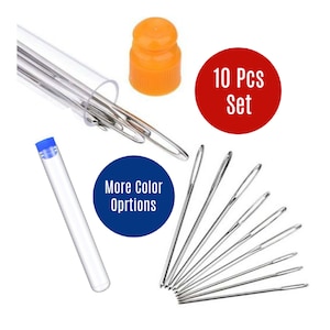 May include: A set of 10 silver sewing needles in a clear plastic tube with a blue cap. The needles are arranged in a fan shape. There is a separate clear plastic tube with an orange cap. The text "10 Pcs Set" is in red on a white circle. The text "More Color Options" is in white on a blue circle.