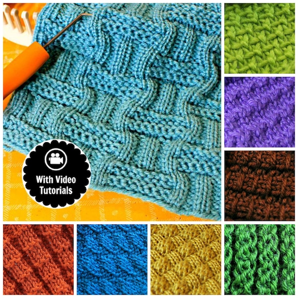 May include: A collage of knitted fabric swatches in various colors and textures, including teal, green, purple, brown, orange, blue, yellow, and lime green. The text "With Video Tutorials" is in a circle with a video camera icon.