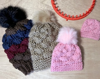 Mommy Daughter Baby Doll 5 Patterns in 4 Sizes / Loom Knitting Hat Pattern / Textured Ribbon Stitch Chart / Video Tutorial EASY  by Loomahat