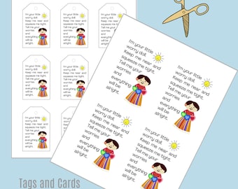 Worry Doll Poem Project Cards & Tags Only - No Pattern |  2 Sizes Printable Labels  | Oblong Tags 3x 2 inches and Post Cards 4x5 inches