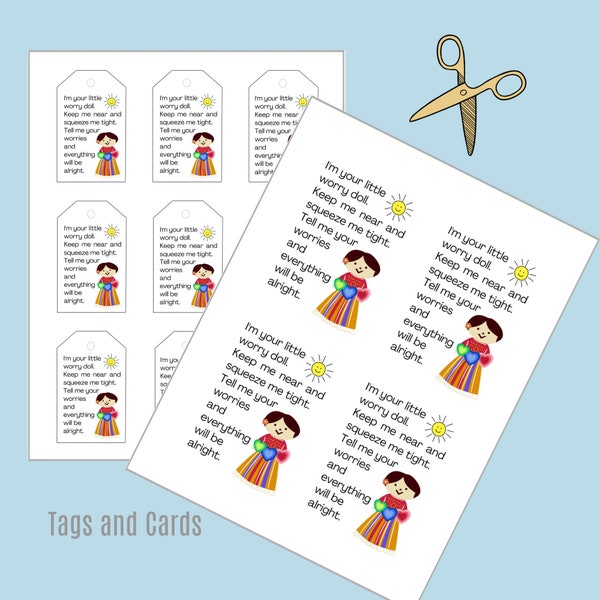 Worry Doll Poem Project Cards & Tags Only - No Pattern |  2 Sizes Printable Labels  | Oblong Tags 3x 2 inches and Post Cards 4x5 inches