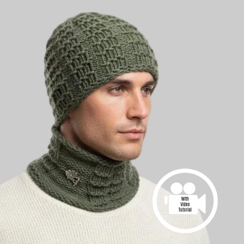 Loom Knitting (with Video Tutorial) Pattern Brimless Waffle Stitch Hat and Cowl Set for Men or Women's Slouchy Beanie Skull Cap image 1