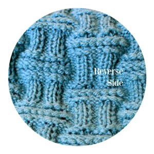 May include: Close-up of the reverse side of a teal blue knitted fabric. The fabric has a textured, woven pattern. The text "Reverse Side" is visible in the image.