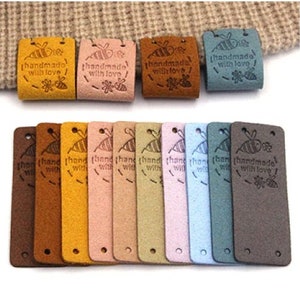 20 Rectangle Bumble Bee Handmade Labels Tags Sewing Beige Tan Brown Yellow Blue Pink PU Leather 4 Holes | For Knits Crafts Scrapbooks