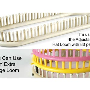 May include: A white plastic circular loom with 80 pegs. The loom is adjustable and can be used to create hats. The text "I'm using the Adjustable Hat Loom with 80 pegs" is written below the loom. The text "You Can Use ANY Extra Large Loom" is written below the loom.