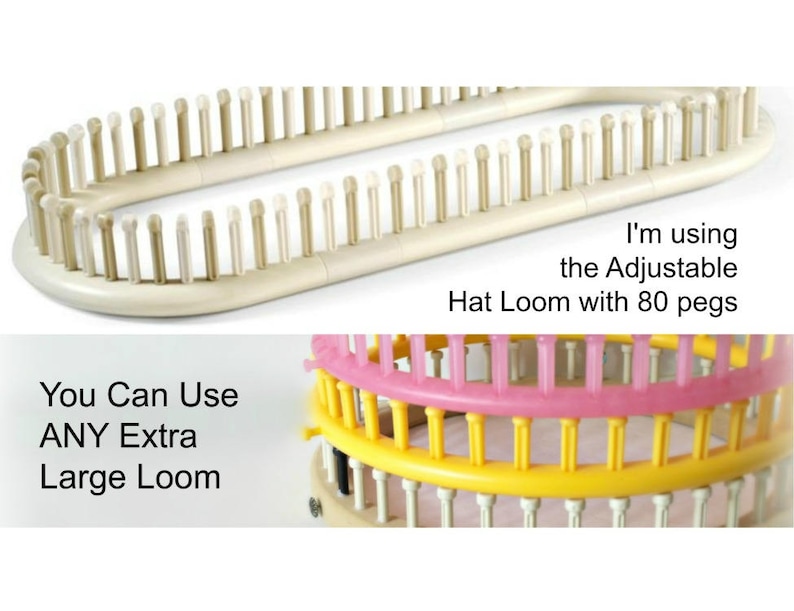 May include: A white plastic circular loom with 80 pegs. The loom is adjustable and can be used to create hats. The text "I'm using the Adjustable Hat Loom with 80 pegs" is written below the loom. The text "You Can Use ANY Extra Large Loom" is written below the loom.