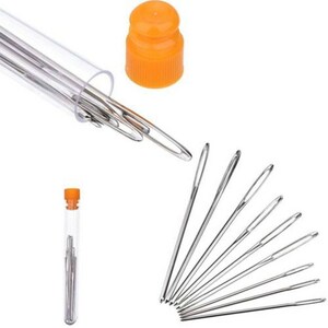 May include: A set of 10 assorted size needles in a clear plastic tube with an orange cap. The needles are made of metal and are used for sewing.