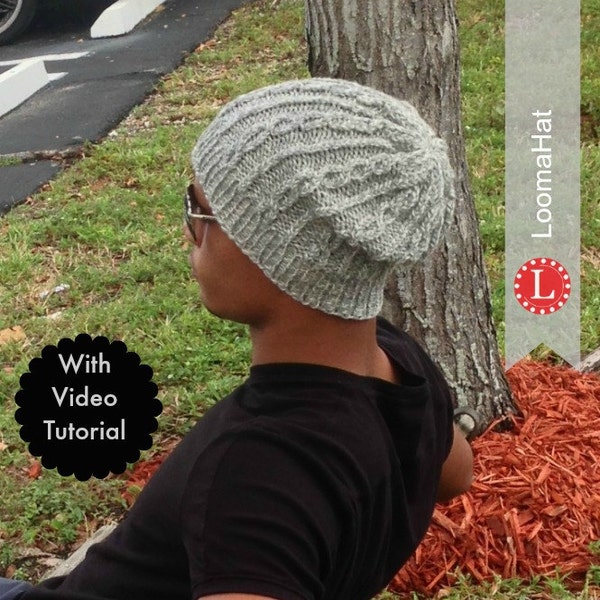 Loom Knitting PATTERNS | Cable Stitch Hat Slouchy Beanie for Men Women on Round Looms with  Video Tutorial  by Loomahat