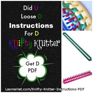 May include: Instructions for the Kiffy Knitter loom, a colorful plastic knitting tool. The image shows the loom in green and pink, along with a close-up of the loom's pegs. The text on the image reads "Did U Loose D Instructions For D Kiffy Knitter Get D PDF LoomaHat.com/Kiffy-Knitter-Instructions-PDF"