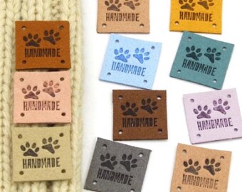 20 Small Square 1 Inch " HANDMADE " Pet Paw Print Cat Dog Labels Tags Sewing Beige Tan Brown Yellow Blue Pink Leather 4 Holes | All Crafts