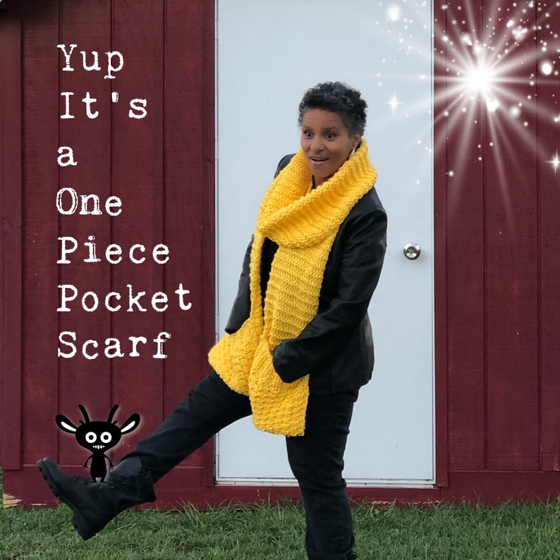 May include: A person wearing a yellow knitted scarf with a pocket. The scarf is a single piece of fabric. The text "Yup It's a One Piece Pocket Scarf" is visible in the image.