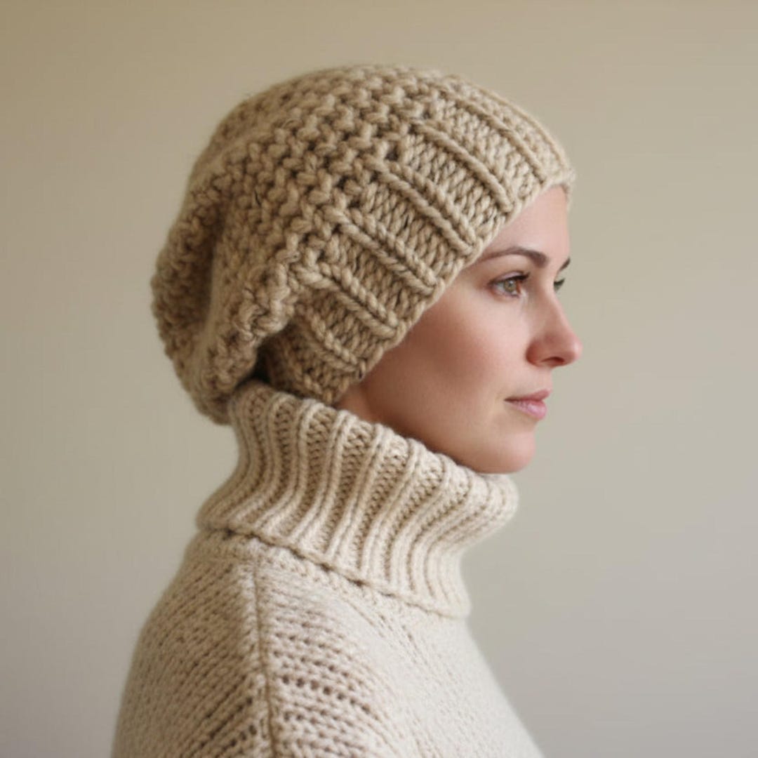 Loom Knitting Hat Pattern Mock Crochet Stitch Slouchy Beanie Hat With ...