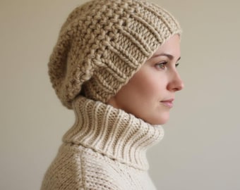 Loom Knitting Hat Pattern Mock Crochet Stitch Slouchy Beanie Hat with Video Tutorial