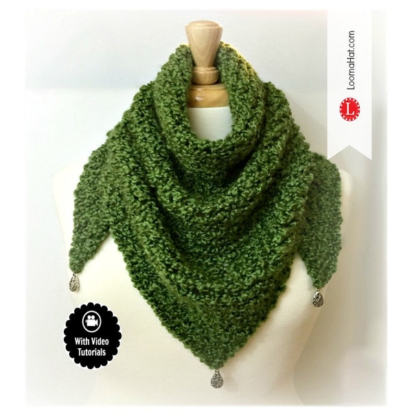 Loom Knitting Pattern Scarf Triangle Shawl Pattern EASY - Includes Video Tutorial by Loomahat