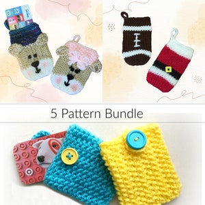 May include: A bundle of five knitting patterns for crocheted gift card holders. The patterns include a football, a Santa, a dog, a sheep, and two simple holders with buttons.