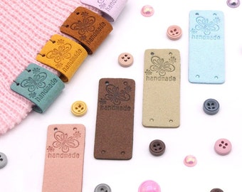 20 Rectangle Butterfly Bug Handmade Labels Tags Sewing Beige Tan Brown Yellow Blue Pink PU Leather 4 Holes | For Knits Crafts Scrapbooks